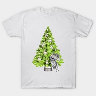 Papillon Dog Christmas scene with Christmas tree and Santa hat T-Shirt